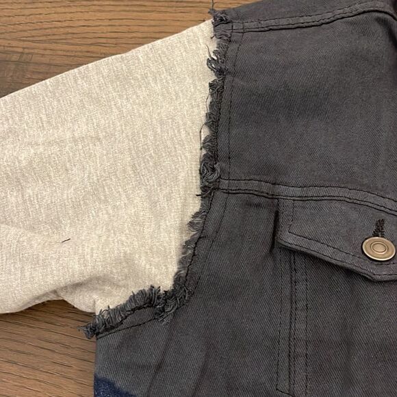 Like Love Navy Tie Dye Denim Jean Jacket Hoodie w/ Heathered Gray Grey Sleeves - Picture 11 of 16